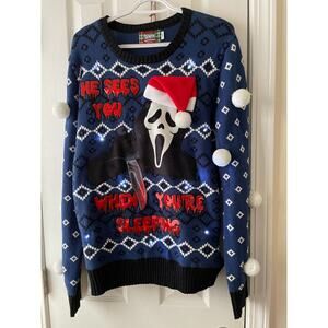 Spencers Ugly HORROR Scream SWEATER Large Ghost Face Lights Up Sound Christmas